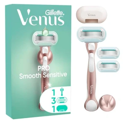 Abbildung von Gillette Venus Pro Smooth Sensitive Damenrasierer für empfindliche Haut, 1 Ersatzklingen, langlebiges Metallhandstück und Duschhalterung
