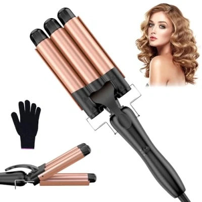 Abbildung von Lockenstab 3 FäSser Beach Waves Welleneisen für Haare, 25mm Kleine Locken Keramik Lockeneisen Temperatureinstellung Schnelle ErwäRmung mit Handschuh, Roségold