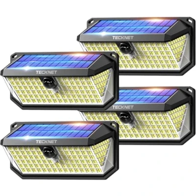 Abbildung von TECKNET Solarlichter für Außen mit Bewegungsmelder, 4 Stück LED Solar Wandleuchte, 300 Aussenleuchte, IP66 wasserdichte Solarlampen, Solarstrahler Garten, Wand, und Outdoor Beleuchtung