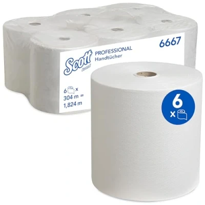 Abbildung von Scott gerollte Papierhandtücher 6667 Rollenhandtuch für Spender 6 x 304 m Papierhandtuchrollen Weiß, Mit FSC und EU Ecolabel, 1 lagig, besonders saugfähig reißfest