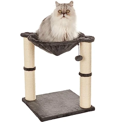 Abbildung von Amazon Basics Katzen Kratzbaum mit Haus, Hängematte, Bett und Kratzstamm, 41 x 51 cm, grau
