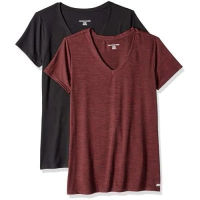 Abbildung von Amazon Essentials Damen Tech Stretch T Shirt mit kurzen Ärmeln und V Ausschnitt (erhältlich in Übergröße), 2er Pack, Burgunderrot Space dye/Schwarz, M
