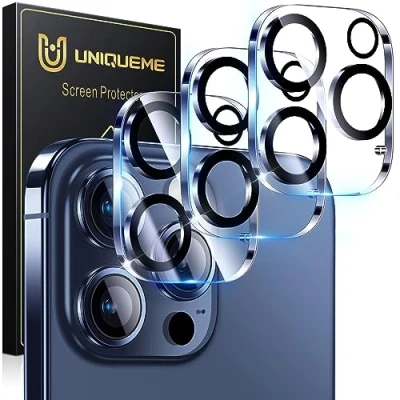 Abbildung von UniqueMe 3 Stück Kamera Schutz für iPhone 15 Pro/iPhone Pro Max Kameraschutz [Kratzfest, Stabil], Ultra Klar 9H Härte Max/iPhone