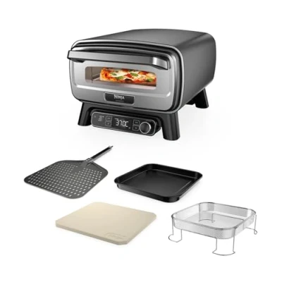 Abbildung von Ninja Artisan Outdoor Pizzaofen und Heißluftfritteuse, 4 Funktionen: Pizza, Air Fry, Bake, Prove, 5 Pizzaeinst., mit 30 cm Pizzastein, Pizzaschale, Backblech, Heißluft Fritteusen Korb, Grau MO201EU
