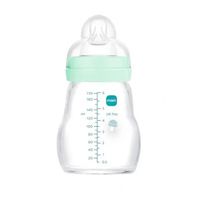 Abbildung von MAM Feel Good A159 Flasche aus Glas, mit Sauger 1 patentierter SkinSoftTM Ultraweiches Silikon, für Babys ab 0 Monaten, 170 ml, Blau