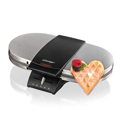 Abbildung von Cloer 1329 Doppelwaffeleisen für zwei Herzwaffeln, 1700 W, Waffelgröße je 15,5 cm, optische Fertigmeldung, mattiertes Edelstahlgehäuse