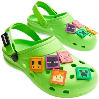 Abbildung von Minecraft Hausschuhe Clogs Kinder Junge mit oder ohne Schuh Charms Fersenriemen Kinderhausschuhe für Garten Strand Freizeit (Grün Charms, 30/31 EU)