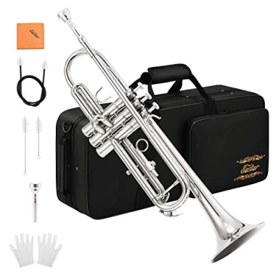 Abbildung von Eastar Bb Standard Trompeten Set für Anfänger Messing Trompeteninstrument Studenten und Hartschalenkoffer, Reinigungsset, 7C Mundstück Handschuhen, ETR 380N, Silber