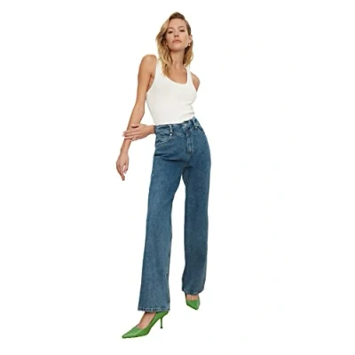 Abbildung von TRENDYOL Damen Taille Detaillierte Hohe 90er Jahre Breite Beinjeans Jeans, Navy Blue, 44 EU