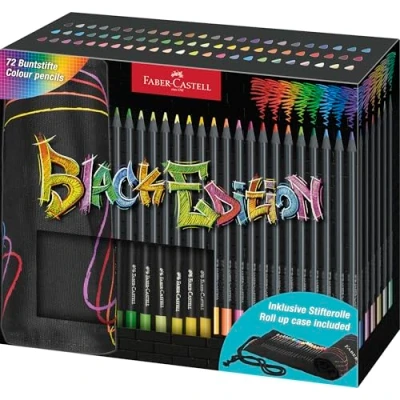 Abbildung von FABER CASTELL 116418 Buntstifte Set mit Stifte Rolle, 72 Black Edition Buntstifte, inkl. Metallic und Neonfarben