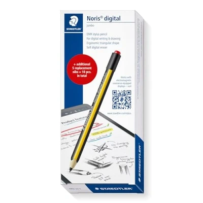 Abbildung von STAEDTLER Noris digital Jumbo 180J 22, EMR Stylus Set, 1 Eingabestift mit digitalen Radierer, für digitales Schreiben, Zeichnen und Radieren auf Touchscreens + 5 weitere Ersatzspitzen, 22 1X