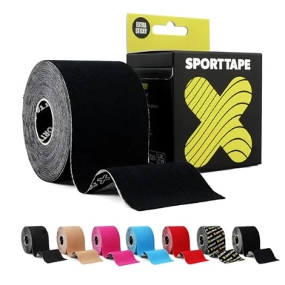 Abbildung von SPORTTAPE Extra Klebriges Kinesiologie Tape, 5 cm x m Schwarz Hypoallergenes, Wasserfestes Sports Tape Physio Medizinisches Sport bei Muskelverletzungen, Unterstützung Ungeschnitten
