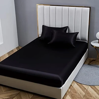 Abbildung von Damier Spannbettlaken 90x200cm Schwarz Satin Seide Glänzend Bettlaken Hochwertiges Deluxe Unifarben Spannbetttuch, geeignet für Matratzen bis 30cm