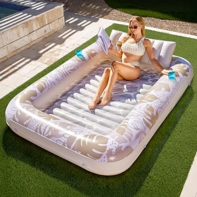 Abbildung von Sloosh 85&quot; x 57&quot;/2.1 1.4m aufblasbarer Sonnenpool, Luftmatratzte Pool, Sonnenbad mit abnehmbarem Kissen, persönlicher Luftmatratze Wasser für Erwachsene, Sommerspaß, Wasserparty Goldenes Weiß