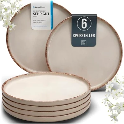 Abbildung von Steingut Teller groß 6 Pers. Rustic Hochwertiges Landhausstil TEST SEHR GUT Speiseteller Set Spülmaschinen , Mikrowellen und Kratzfest Stylisches Essteller Pure Living in Beige