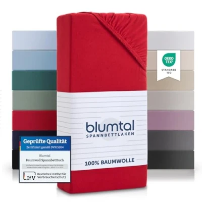 Abbildung von Blumtal® Basics Spannbettlaken Topper 140x200cm Jersey Bettlaken aus 100% Baumwolle Oeko TEX zertifiziertes Spannbetttuch Betttuch Rot