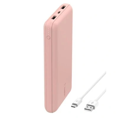 Abbildung von Belkin tragbares USB C Ladegerät, 20.000mAh, 20K Powerbank mit Ein /Ausgang und 2 A Anschlüssen C/USB Kabel für iPhone, Galaxy, Pixel, iPad, AirPods andere Geräte Roségold