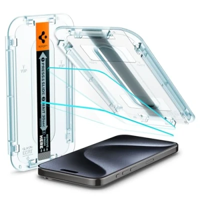 Abbildung von Spigen Glas.tR EZ Fit Schutzfolie kompatibel mit iPhone 15 Pro, 2 Stück, Kratzfest, 9H Härte Folie