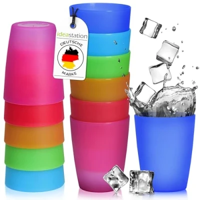 Abbildung von idea station NEO Plastikbecher 12 x 250 ml bunt bruchsichere Trinkbecher Kinder wiederverwendbare Becher aus Plastik perfekt für Party, Outdoor, Camping