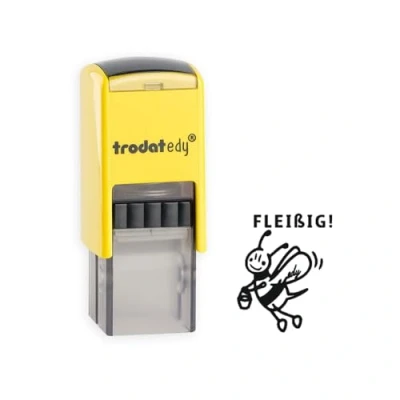 Abbildung von Trodat edy FIX Motivationsstempel für Lehrer und Pädagogen, Stempelset zum Motivieren 1 Motiv Biene FLEIßIG, Deutsch, Gehäuse Gelb, Abdruck Schwarz, Selbstfärbend, 20 x mm