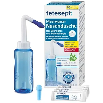 Abbildung von tetesept Meerwasser Nasendusche bei Schnupfen und Pollenallergie Inkl. 4 Beutel Nasenspülsalz Zur Nasenspülung mit zwei austauschbaren Aufsätzen auch für Kinder geeignet