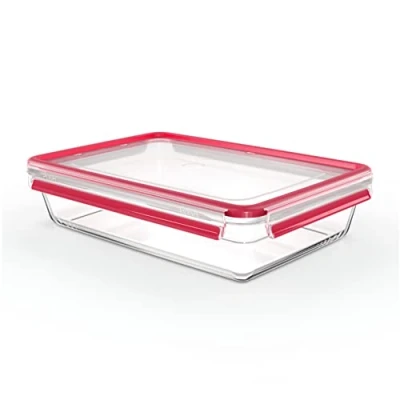 Abbildung von Emsa N10412 Clip &amp; Close Glas Frischhaltedose 3 L stapelbar gefrierfest backofenfest mikrowellenfest rutschfestes Stapeln 100% dicht spülmaschinenfest Transparent/Rot