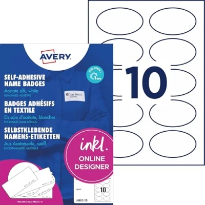 Abbildung von Avery Zweckform L4882 20 Namensetiketten (200 Namensaufkleber, 85x50mm auf A4, selbstklebend, bedruckbare Textiletiketten aus Acetatseide für Laserdrucker, rückstandsfrei ablösbar) Blatt, weiß