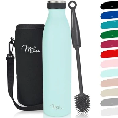 Abbildung von Milu Edelstahl Trinkflasche 350ml 500ml 750ml 1L 1,5L Thermosflasche, Isolierte Wasserflasche, Auslaufsichere Isolierflasche doppelwandig, Kohlensäure geeignet inkl. Reinigungsbürste (Mint, 1000ml)