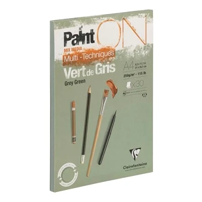 Abbildung von Clairefontaine 975705C Malblock PaintOn, verleimt, 30 Blatt Zeichenpapier, DIN A4, 21x29,7 cm 250g, Grüngrau, 1 Stück