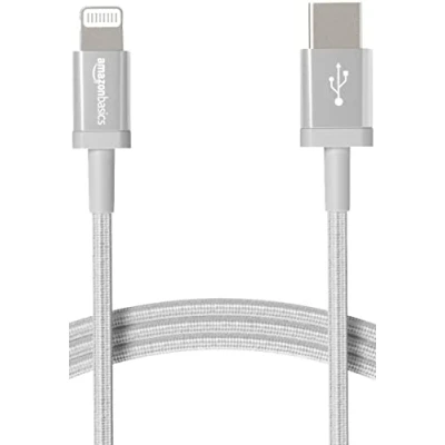 Abbildung von Amazon Basics USB C auf Lightning Kabel, geflochtenes Nylon, MFi zertifiziertes Ladekabel für iPhone 13/12/11/X/XS/XR/8, Silber, 1.8 m