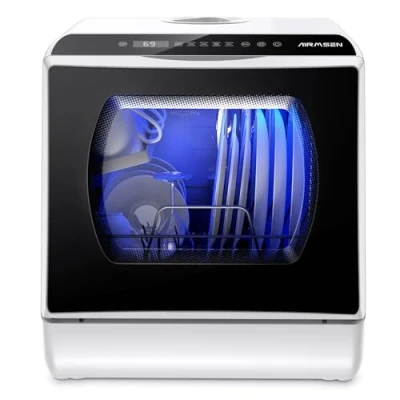 Abbildung von AIRMSEN Mini Geschirrspüler Tischgeschirrspüler mit 5+1 Programme 5L Wassertank, 2 Wege Wasserversorgung, Touch Control &amp; LED Display, Geeignet für Hausküchen, Wohnungen, Schlafsäle, Weiß Schwarz