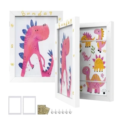Abbildung von SONGMICS Bilderrahmen 2er Set, A4, 22 x 28 cm, Kinderauszeichnungen, jede Box für bis zu 150 Zeichnungen, MDF, Glas, Passepartout, Sticker, spurlose Wandhaken, 34,5 25,5 mattweiß RPF052W02