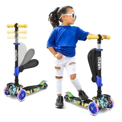 Abbildung von 3 Rad Roller für Kinder Steh und Kreuzfahrt Kinderspielzeug Tretroller mit Verstellbarer Höhe, Rutschfester Plattform, Blinkenden Radlichtern, Jungen/Mädchen im Alter von 2 12 Jahren Hurtle