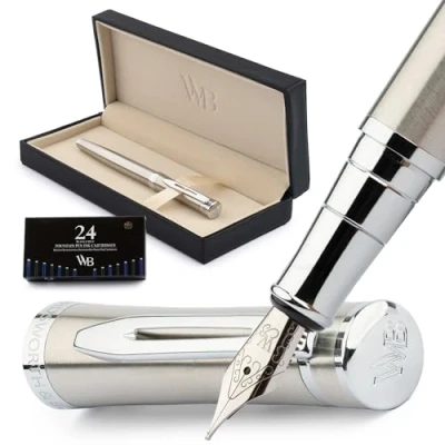 Abbildung von Wordsworth &amp; Black Füllfederhalter Set, mittlere Spitze, inklusive 24 Tintenpatronen und Kolbenkonverter, Geschenkbox, Kalligraphie, glattes Schreiben, versilbertes Chrom
