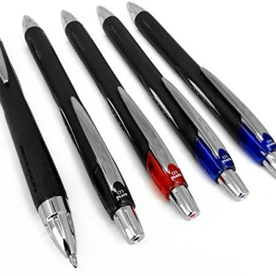 Abbildung von Uni Ball Jetstream SXN 5, 210,0 mm, einziehbarer Tintenroller, schwarz, 5er Pack, 2 x blau, 1x rot.