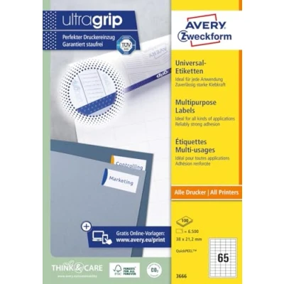 Abbildung von AVERY Zweckform 3666 Universal Etiketten (6.500 Klebeetiketten, 38x21,2mm auf A4, Papier matt, individuell bedruckbar, selbstklebende Aufkleber mit ultragrip) 100 Blatt, weiß
