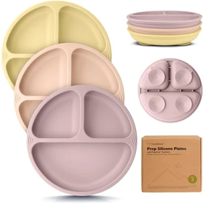 Abbildung von KeaBabies Kinder Teller für Baby, Kleinkind 3er Pack 100% Silikon Baby mit Saugnapf, Geteilte Kinderteller Unterteilung, Silikonplatten BPA frei, Mikrowellenfest (Dusk)