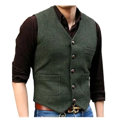 Abbildung von Solovedress Mens Vintage Classic Wolle Anzugweste Formale Regular Fit Weste Anzug für Hochzeit Groomsmen(Army Green,L)