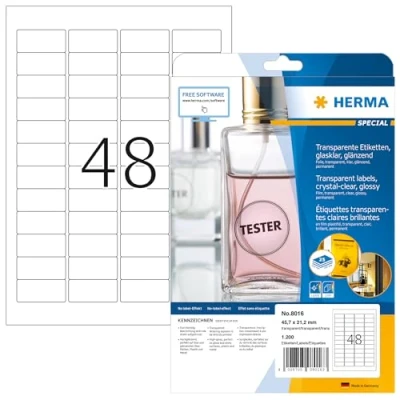 Abbildung von HERMA 8016 Wetterfeste Folienetiketten transparent, 25 Blatt, 45,7 x 21,2 mm, 48 pro A4 Bogen, 1200 Stück, selbstklebend, bedruckbar, glänzend, blanko Klebeetiketten Aufkleber aus Folie, durchsichtig