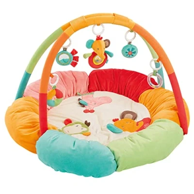 Abbildung von Fehn 3 D Activity Nest Spielbogen Safari Baby Krabbeldecke rund mit 5 abnehmbaren Spielzeugen zum Greifen Spieldecke für Babys und Kinder ab 0+ Monaten Krabbelmatte als Geschenk zur Geburt