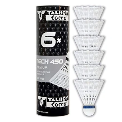 Abbildung von Talbot Torro Unisex Adult Badmintonball Tech 450, Premium Nylonfederball, 6er Dose, Korb:weiß medium, Korb: Weiß Blau/Mittel, one Size