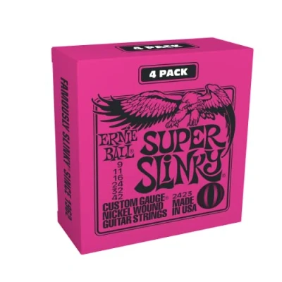 Abbildung von Ernie Ball Super Slinky E Gitarrensaiten, Nickelwicklung, 4er Pack, Stärke 942