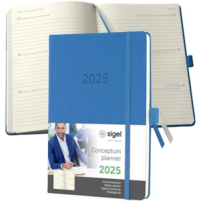 Abbildung von SIGEL C2568 Terminplaner Wochenkalender 2025, ca. A5, blau, Hardcover, 192 Seiten, Gummiband, Stiftschlaufe, Archivtasche, aus nachhaltigem Papier, Conceptum