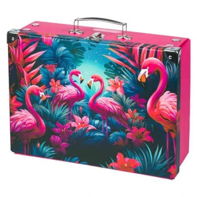 Abbildung von Baagl Kinderkoffer für Spielzeug und Schulbedarf, Pappkoffer, Spielzeugkoffer, Spielkoffer, Faltbarer Kinder Koffer, Faltkoffer, Klappkoffer mit Metalgriff (Flamingos)
