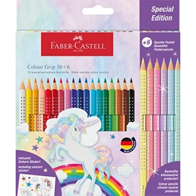 Abbildung von FABER CASTELL 201543 Buntstifte Set Einhorn, 24 teilig, bruchsicher, inkl. 6 Sparkle Pastellstifte und Einhorn Sticker