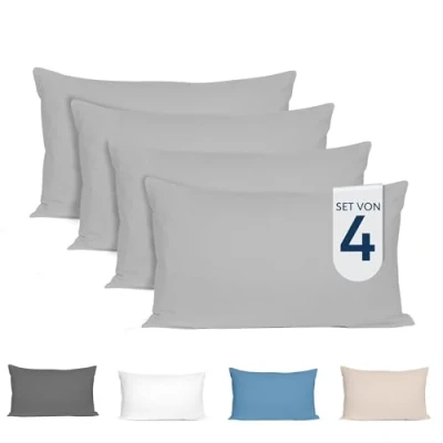 Abbildung von Dreamzie Kissenbezug 40x80 (4er Set) 100% Jersey Baumwolle 150 g/qm Kissenbezüge Grau Für Kissen 40 x 80 cm Kissenhülle Resistent und Hypoallergen Zertifiziert Oeko Tex