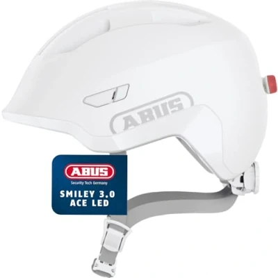 Abbildung von ABUS Kinderhelm Smiley 3.0 ACE LED Fahrradhelm mit Licht Tiefe Passform &amp; Platz für einen Zopf Mädchen und Jungs Pure White, Größe M