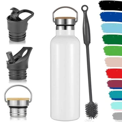 Abbildung von Milu Edelstahl Trinkflasche 350ml 500ml 750ml 1000ml (+3 Deckel) Thermosflasche mit Strohhalm, Isolierte Wasserflasche, Auslaufsichere Isolierflasche doppelwandig, Kohlensäure geeignet (Weiß, 750ml)