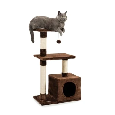Abbildung von lionto Kratzbaum für Katzen mit Höhle und Plüschball inkl. Glöckchen, Höhe 85 cm, Katzenbaum Sisal &amp; Plüsch, gemütliche Liegeflächen Höhle, kleine große geeignet, braun
