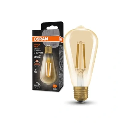 Abbildung von OSRAM Vintage 1906® Classic Edison FIL 60 LED Lampe mit Sockel 27, dimmbar, Form, gold, 7,2W, 806lm, 2400K, reduziertes warmweißes Licht, geringer Verbrauch, lange Lebensdauer